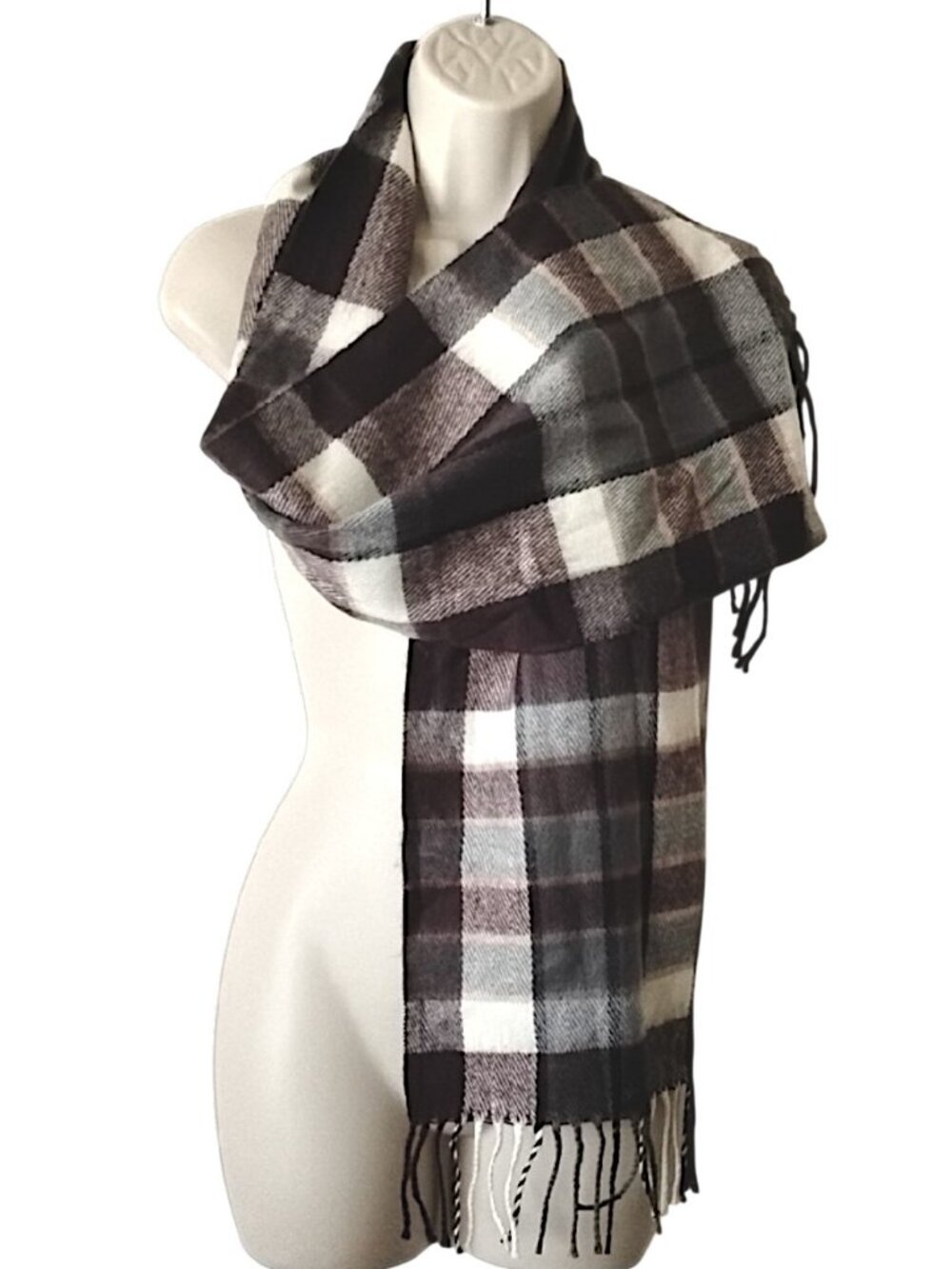NWOT Soft Fringed Plaid Scarf 66"x10" Brown Cream Gray Acrylic
